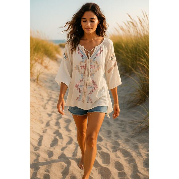 POL Tops - New POL Embroidered Boho Peasant Tunic Top Oversized Tassel Tie S